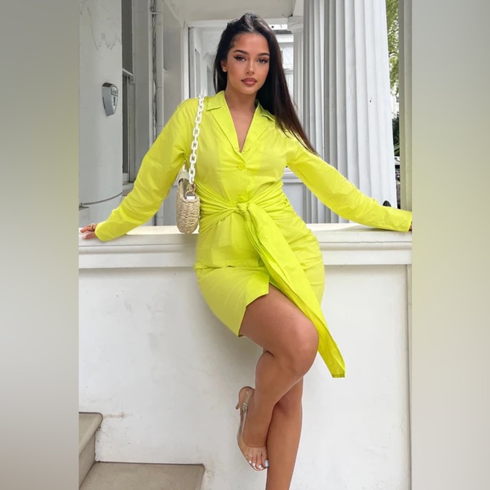 Lime Neon Belt Detail Tie Waist Poplin Shirt Dress